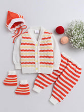 Little Angels Little Angels V-Neck Full Sleeves Striped Orange Cardigan, Pants, Cap & Socks Sweater Sets Candy Stripes Snuggle Set